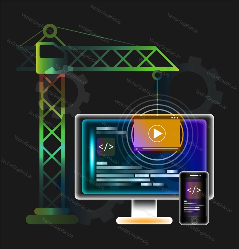 Vývoj webu, kódování a programování vektorové bannerové šablony. Site construction service, web design studio pro tvorbu digitálního softwaru mobile, desktop platform