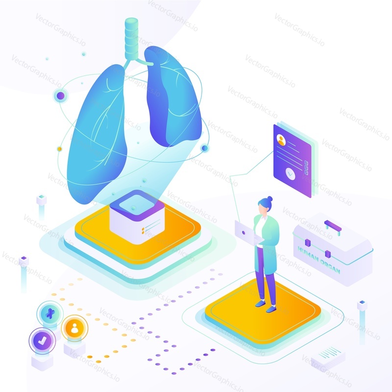 Doctor checks organ donor before transplantation vector. Cancer, pneumonia or tuberculosis screening. Smart medicine, transplant donation and healthcare concept