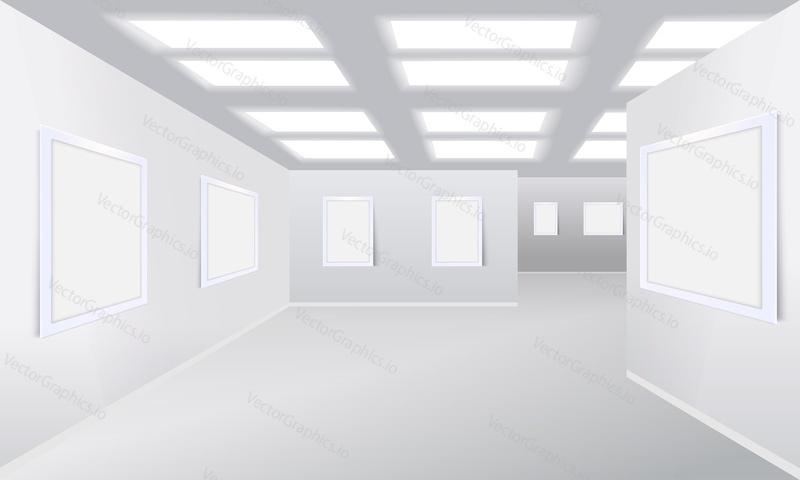 Art gallery, museum exhibition hall empty interior mockup. Painting, photography blank white, clean frames hanging on wall, illuminated lamps on ceiling3d realistic vector illustration