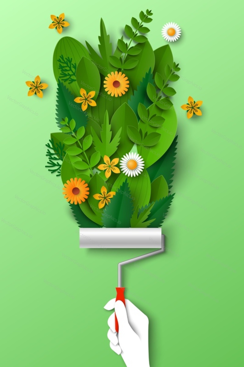 Art paintbrush in painter hand drawing flower splash vector illustration in paper cut style. Artistic poster with floral background. Colorful summer or spring season nature decoration