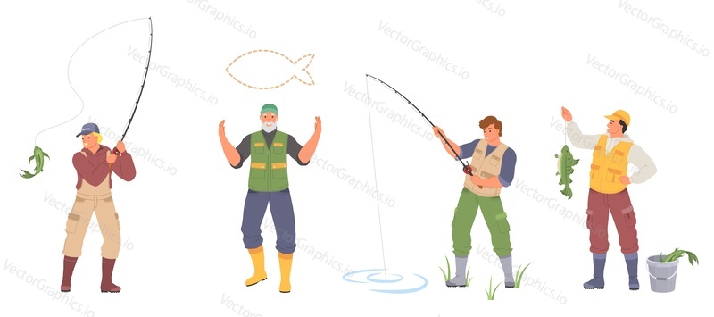 Fisherman with rod and fish vector isolated set. Happy fisher illustration. Sport and hobby leisure activity, hunting tourism on river, pond or lake concept