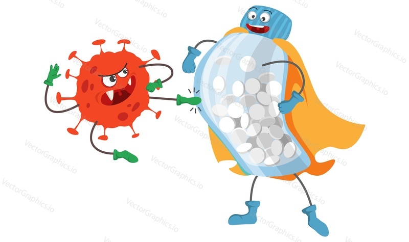 Strong pills bottle superhero in cloak and mask against angry virus vector illustration. Medical drugs fighting against microbe. Vitamin package hero warrior confronts bacterial enemy