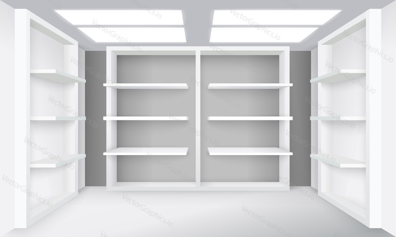 Maketa skladových polic. Realistický obchod pokoj interiér vektor. Design vitríny supermarketu nebo maloobchodního trhu. Prázdný výkladní skříň ilustrace