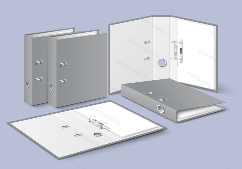 Empty blank office folder mockup realistic vector design. Paper blinder and hardcover for document archive in different angle view