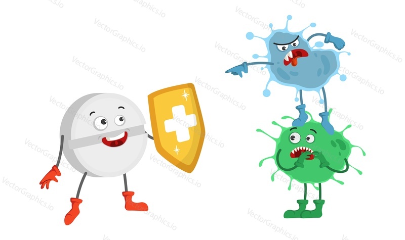 Cute pill tablet superhero character with shield fighting against virus, microbe and bacteria vector illustration. Medical kid doctor drug holding back disease enemy isolate on white background