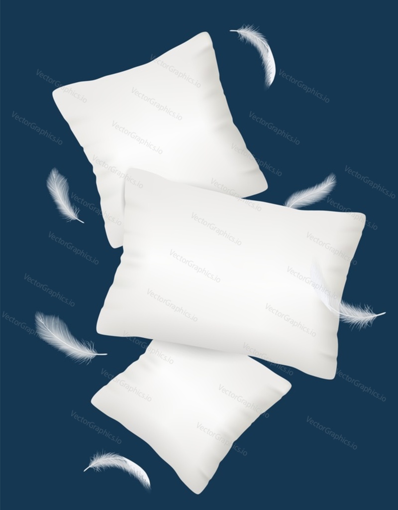 Pillows vector. Comfortable fluffy square blank cushion mockup. Poster template with domestic textile product for bedding and sleeping with flying fluff and feathers illustration