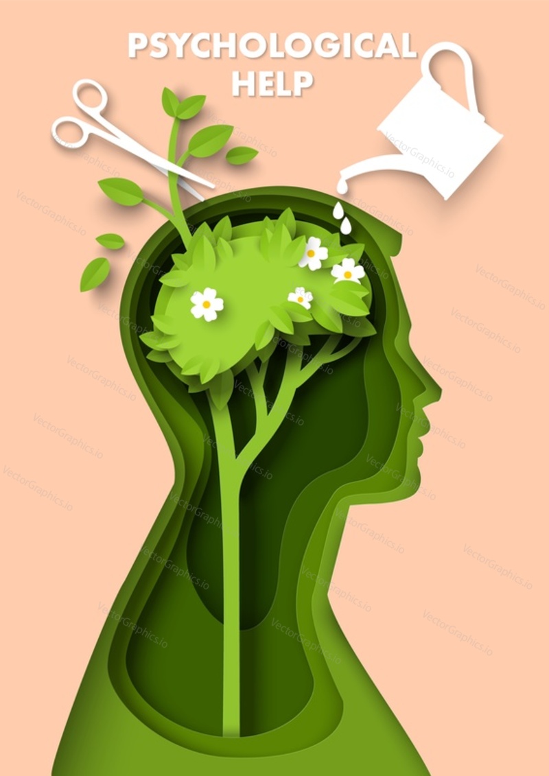 Psychologická pomoc a podpora vektorové ilustrace. Úzkostný syndrom, ptsd terapie duševních poruch. Hlava pacienta s rostoucím stromem uvnitř, konev a nůžky na papír střih umění styl design