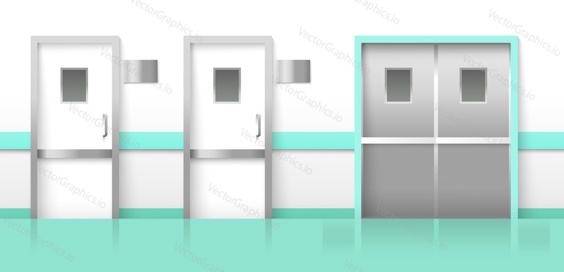 Nemocniční chodba se zavřenými dveřmi realistické vektorové pozadí. Klinická chodba, interiér pohotovostní kanceláře nebo laboratorní chodník ilustrace