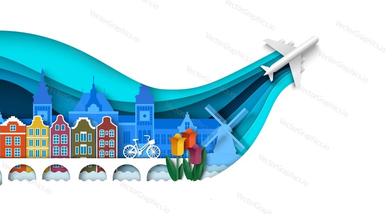 Netherlands travel vector illustration. Amsterdam city landmark background design in paper cut art style. Holland country culture and historic place of destination