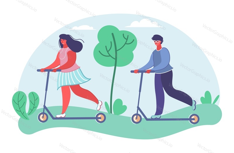 Lidé na koni skútr ploché vektorové ilustrace. Mladý muž a žena pár pomocí ekologické dopravy. Šťastný aktivní chlap a dívka si letní zábavu čas volnočasové aktivity