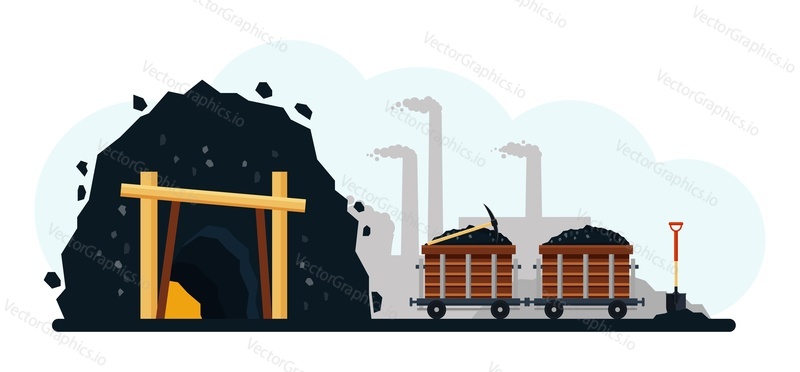 Uhlí těžební průmysl vektorové ilustrace. Přeprava půdy z fosilních paliv na vozíku vozíku po železnici. Těžba uhlí v dole. Průmyslová výroba černých nerostných zdrojů