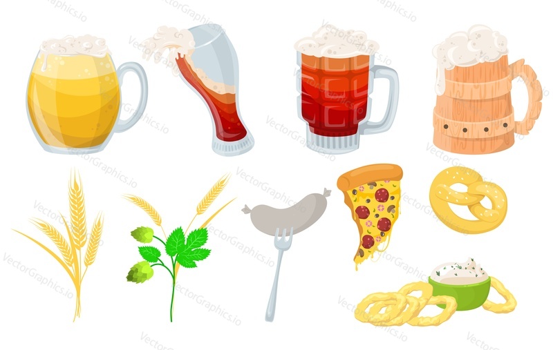 Beer and snack vector. Bar pub drink glasses and food isolated set. Fastfood appetizer for lunch and craft beverage for party celebration illustration