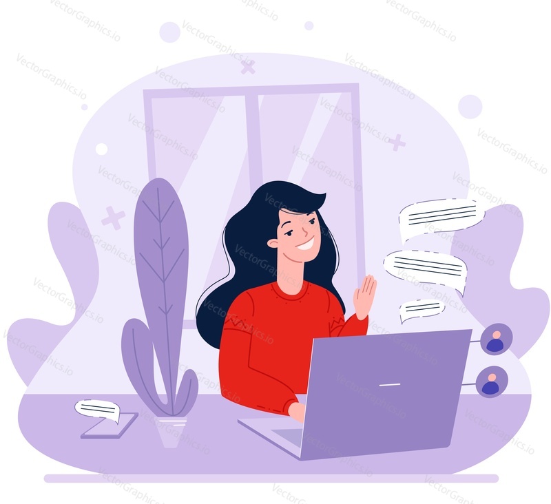 Home office vector. Young woman cartoon character working on laptop computer. Female freelancer or student having online chat flat illustration