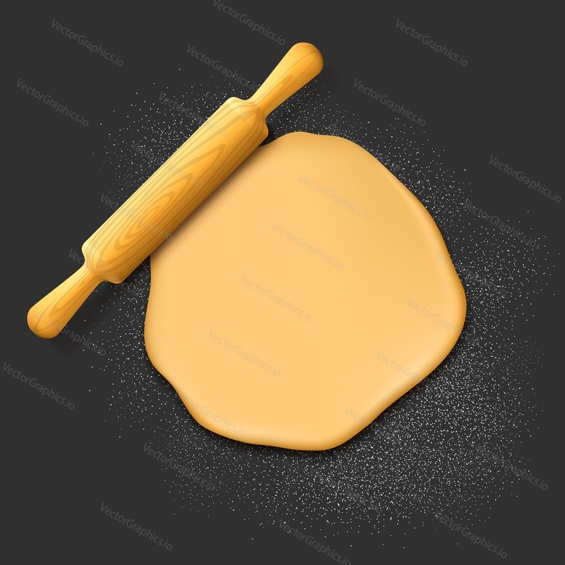 Dřevěný váleček a těsto vektor. Pekárna a pečivo kulinářské ilustrace. Hnětení na pizzu nebo chléb, pečení cookie. Domácí kuchařství nebo restaurace gurmánská kuchyně recept