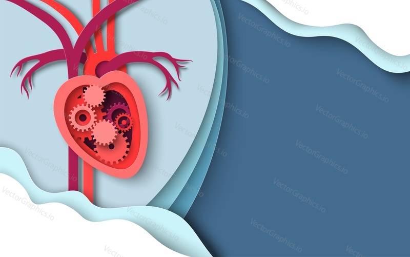 Heart gear mechanism vector. Cardiology illustration. Human cardiac internal organ with cog wheel inside. Cardiovascular disease and cardiovascular system functionality