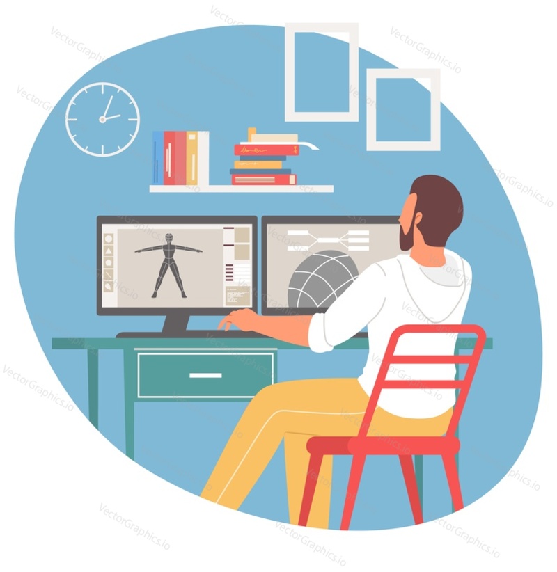 Vector art design graphic artist in office illustration. Illustrator drawing digital artwork, game assets or architecture using computer at workspace. Professional draw skill and technology