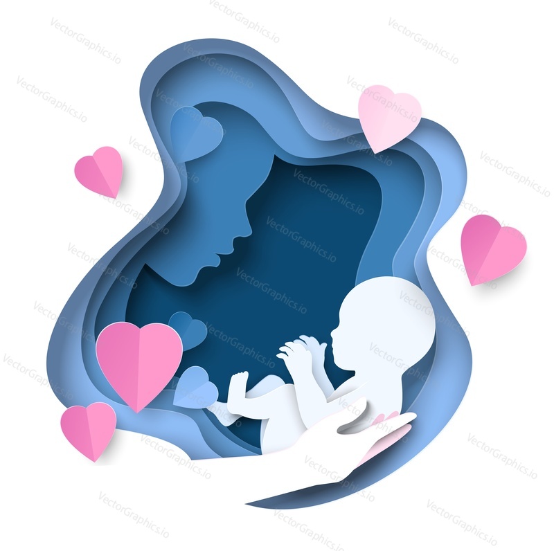 Motherhood vector. Mother love child concept. Paper cut art background with mom holding baby kid on hand illustration. Greeting gift card or banner template for holiday celebration