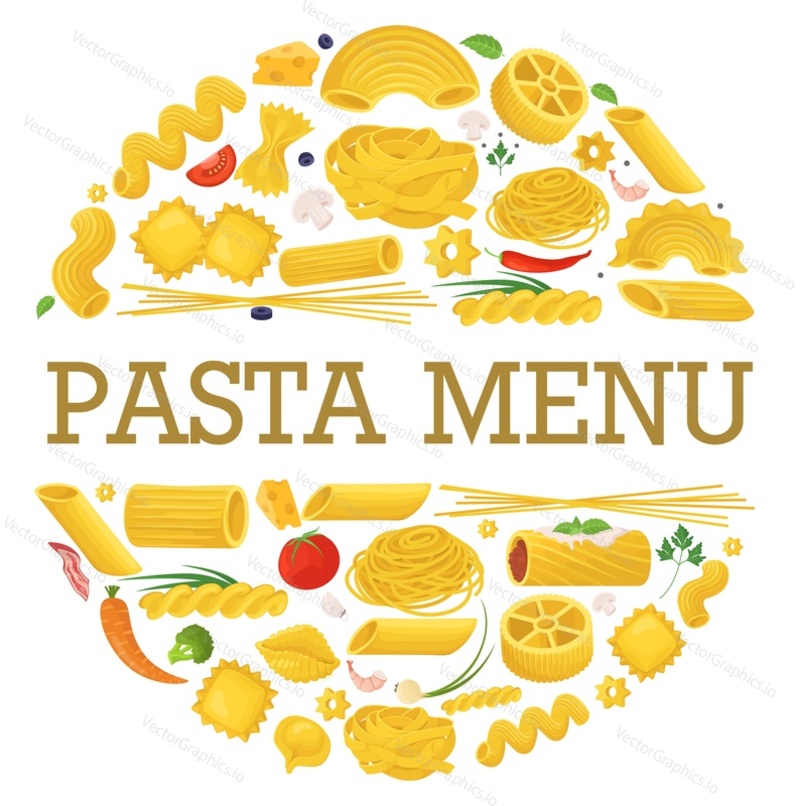 Těstoviny rám vektor. Italské jídlo menu pozadí. Itálie restaurace kuchyně jídlo sortiment se špagetami, makarony set. Šablona návrhu receptu. Tradiční fastfood vzor