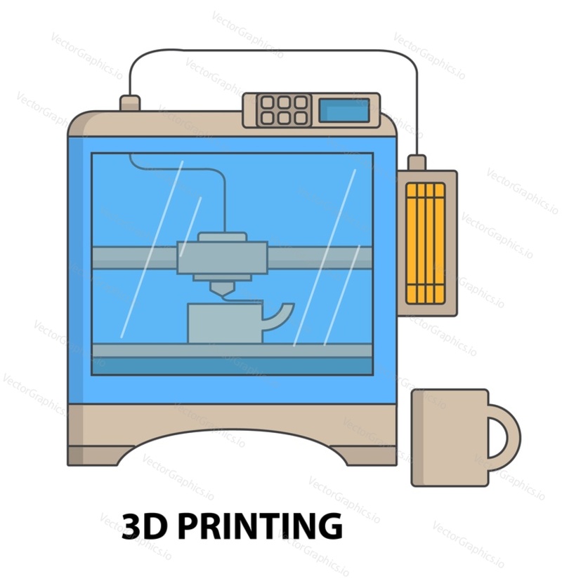 3D tisk vektor. Stroj na prototyp modelu ilustrace. Výrobní technologie, inovace v průmyslu pro vytváření objemového plastového materiálu a modelování stavebních prací