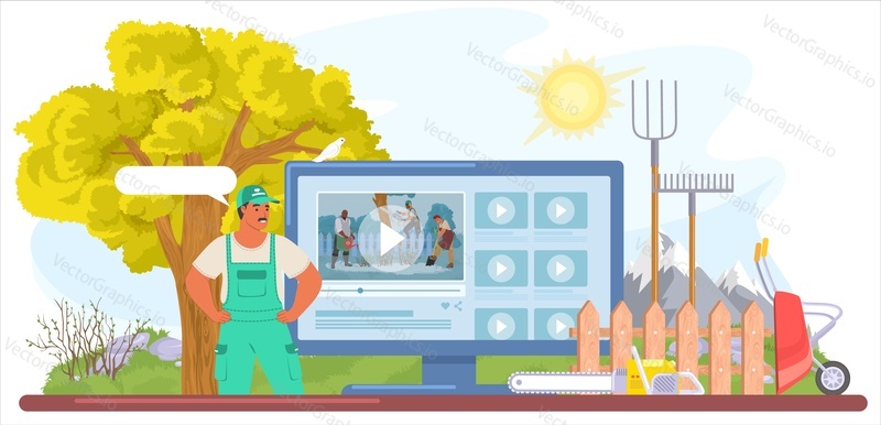 Video tutoriál pro zahradník vektorové ilustrace. Muž vlogger v uniformě natáčení webinář o zahradnictví, péče o rostliny, pěstování ekologických přírodních produktů a zahradnictví
