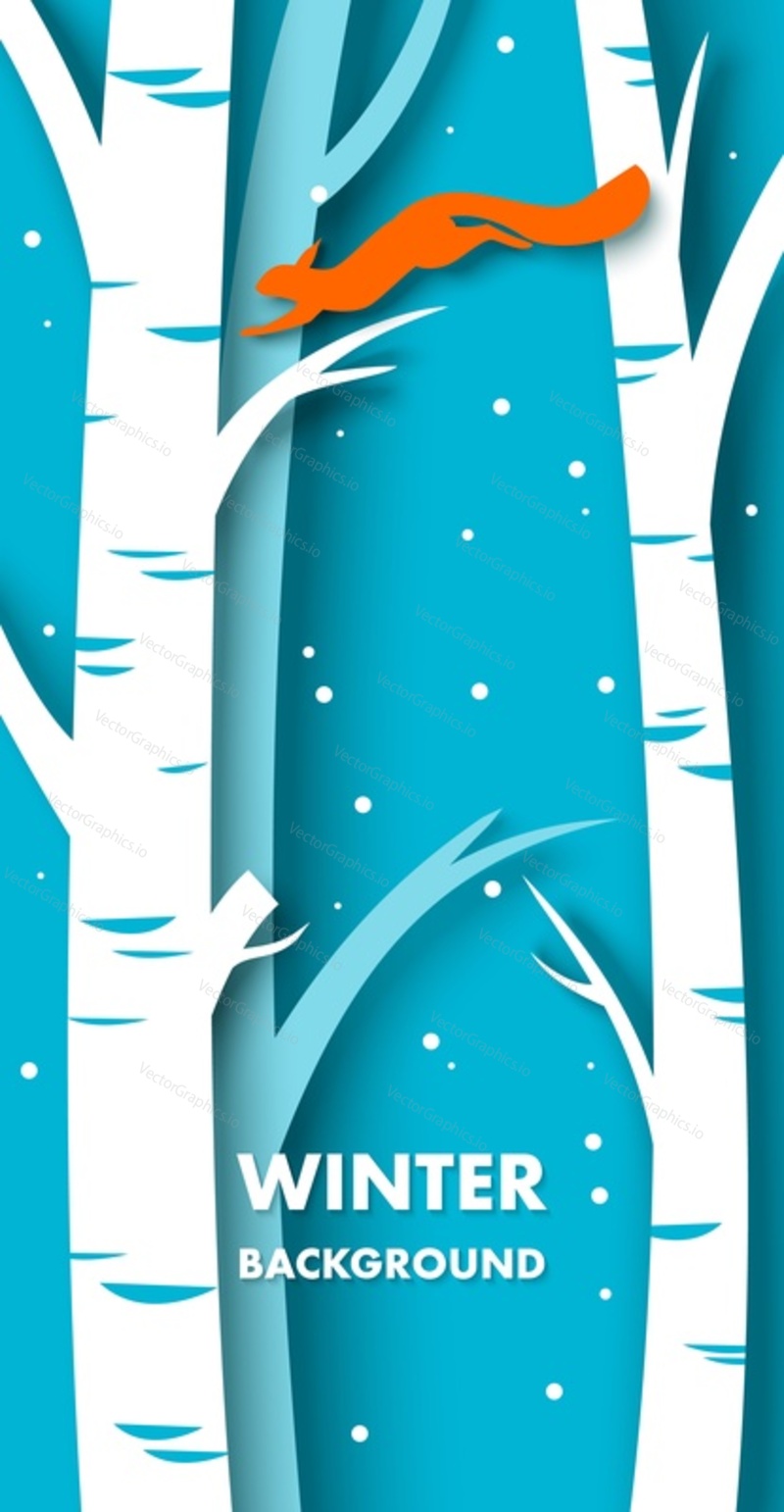 Winter background with trees, snowfall and squirrel vector illustration in paper cut craft art origami style. White blue snowy nature landscape. Christmas and new year holiday concept