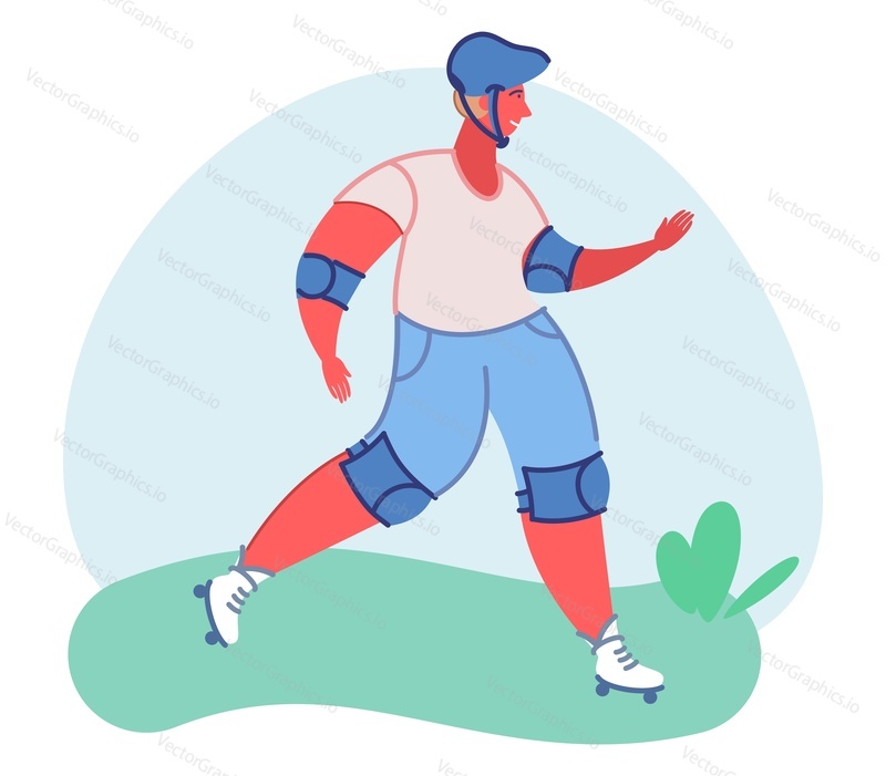 Kolečkové bruslař ploché vektorové ilustrace. Mladý muž, který nosí sportovní ochranné pomůcky, si rychle užívá letní aktivní odpočinek. Kreslená mužská postava milovník sportu