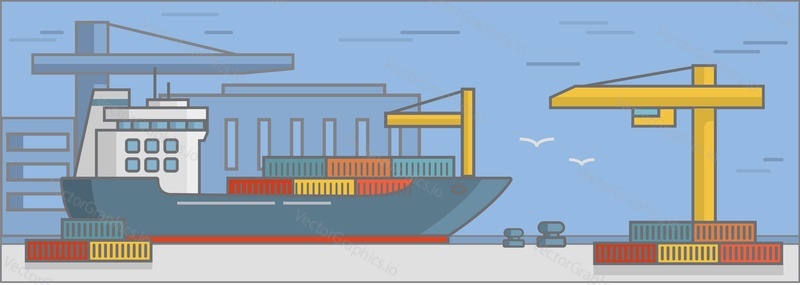 Sea cargo service vector. Ilustrace námořního přístavu. Globální koncepce mezinárodní nákladní logistiky a dodávek. Velká loď import export kontejner box přes oceán nad světem