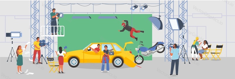 Filmová produkce posádky natáčení akční film vektorové ilustrace. Kino o autech a motocyklových závodních pozadí. Koncepce kinematografického průmyslu