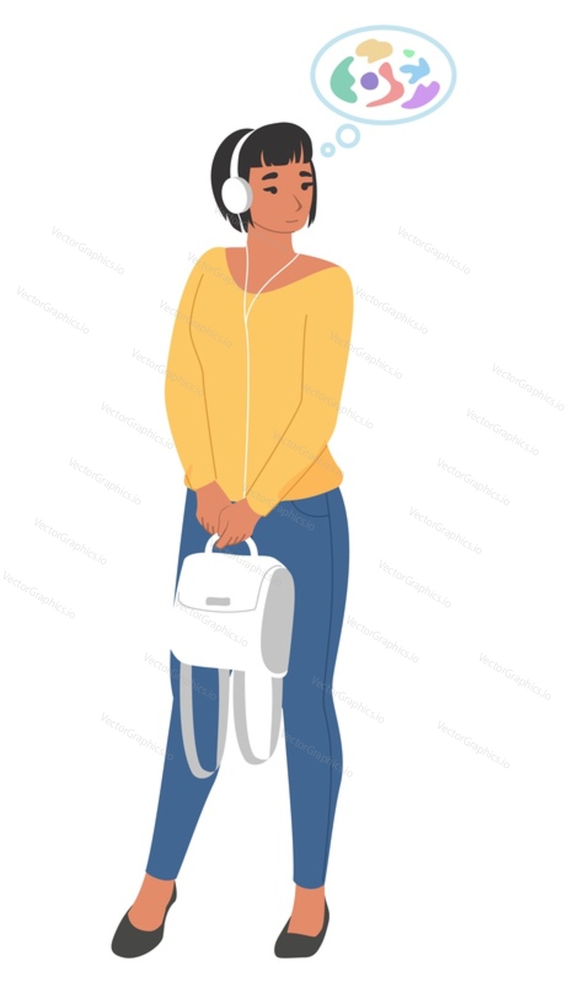 Young girl in headphones listening music and dreaming vector illustration. Pretty woman character in headset isolated on white background