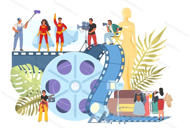 Vektor filmové produkce. Kino film dělat kreslený plakát. Mediální tým s producentem a režisérem natáčí trhák video plochá ilustrace. Koncepce slavnostního předávání cen festivalu kinematografie