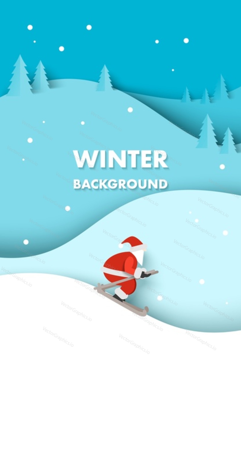Winter background with santa clause skiing vector illustration in paper cut craft art origami style. Christmas card design template with magic funny character sledding downhill in snowy forest