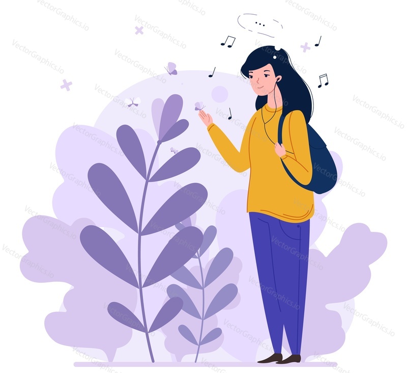 Young pretty girl listening to music enjoying beauty of nature vector illustration isolated on white background. Inspiration, dreaming concept