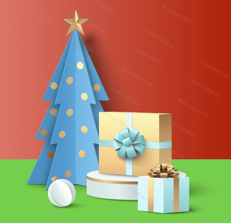 Christmas tree with star and gift vector. Origami fir decorated to Merry Xmas and Happy New Year. Decoration bauble ball, present box with surprise illustration for greeting card in paper cut style
