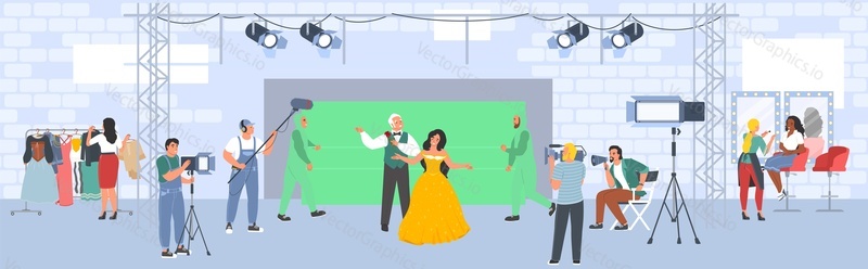 Filmová produkce crew vector. Kino láska natáčení filmu ve studiu ilustrace. Romantické video, kreslená pohádka tvorba pozadí. Dramatická televizní show vytvářející koncept kinematografie