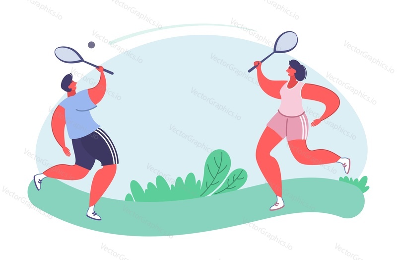 Lidé hrající badminton vector. Letní sportovní hra ilustrace. Mladý muž a žena pár si odpočinout a letní čas aktivní volnočasové aktivity. Zdravý životní styl, wellness a sportovní hobby