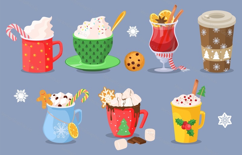 Vánoční dovolená hrnek na kávu s teplými nápoji vector set. Kakao s marshmallows, zimní oteplování nápoj jako espresso, horká čokoláda, cappuccino, latte a svařené víno izolované ilustrace