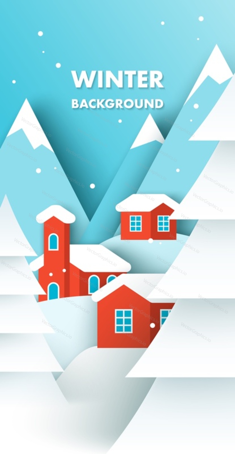 Winter background with snowy village vector illustration in paper cut craft art origami style. Christmas landscape postcard with wonderland valley and cozy houses under snow design template