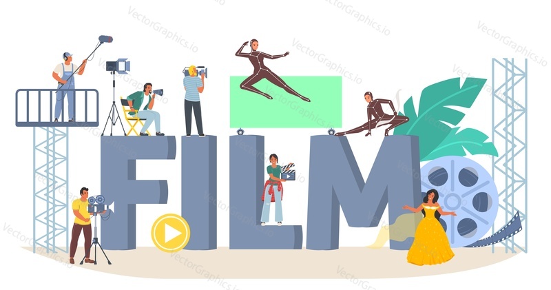 Vektor filmové produkce. Kino ilustrace. Kreslené lidi ve studiu natáčení filmu video. Filmový online kurz nebo koncept slavnostního předávání cen festivalu kinematografie