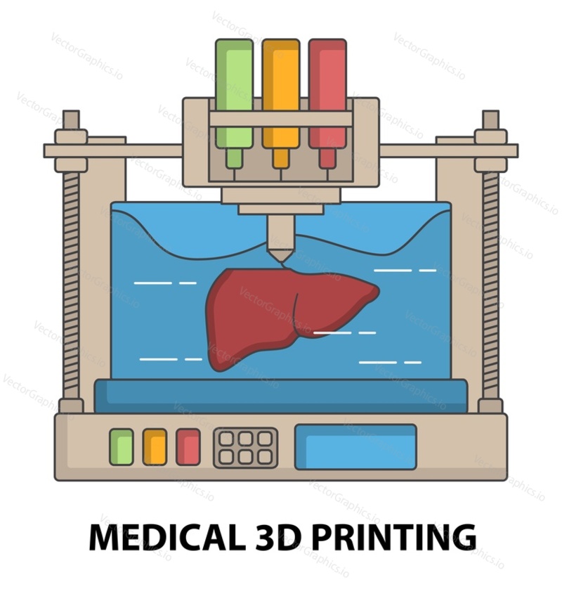 Lékařský 3D tisk vektor. Prototypování transplantačních orgánů na 3D tiskárně v nemocniční laboratoři. Zdravotnictví a medicína ilustrace. Technologie biologického tisku jater