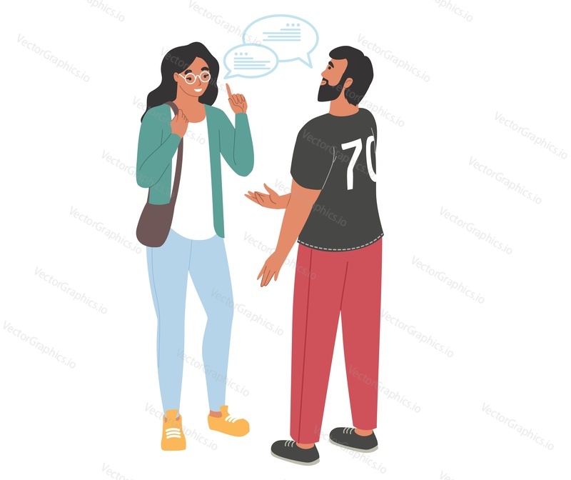 Young man and woman talking together vector. Diverse friends standing enjoy positive communication nice dialogue. Two people character meeting and speaking illustration