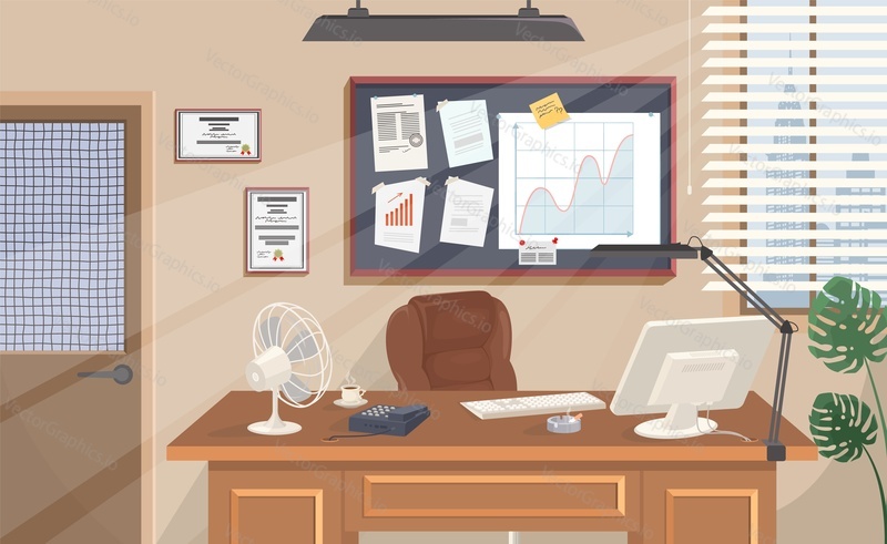 Boss office cabinet vektor plochý design interiéru. Pracovní kancelář pozadí. Pokoj zařízený psacím stolem a křeslem ilustrace. Prázdné pracoviště uvnitř firemní budovy