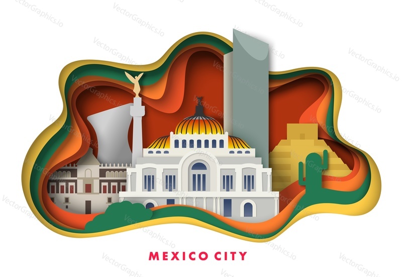 Mexico city vector. Cestovní plakát origami styl. Historická slavná místa, starověký mezník a architektonické památky papír řez řemeslo umění ilustrace