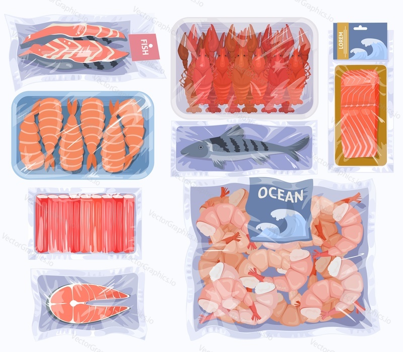 Vakuové balení s sea food vector set. Filet z lososa, sleď, chobotnice, krevety ryby, mušle, krabí tyčinky mořské plody ilustrace. Supermarket maloobchodní potravinářský výrobek s dlouhodobým skladováním