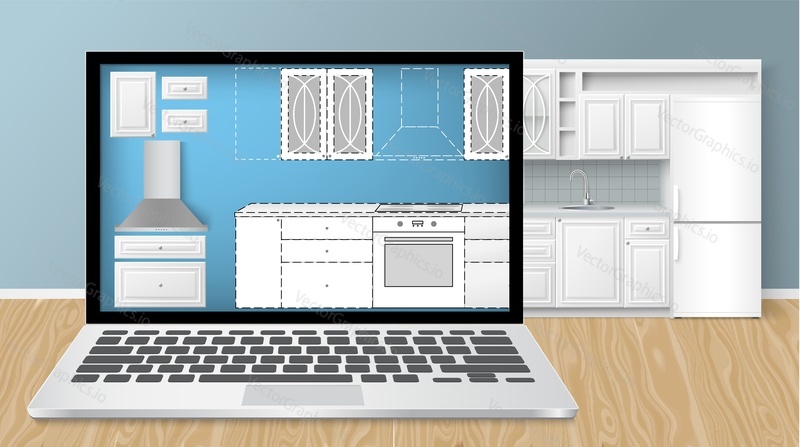 Kitchen interior design vector. Sketch project plan on laptop illustration. Modern house furniture architecture drawing remodel layout. Flat apartment renovation and redesign