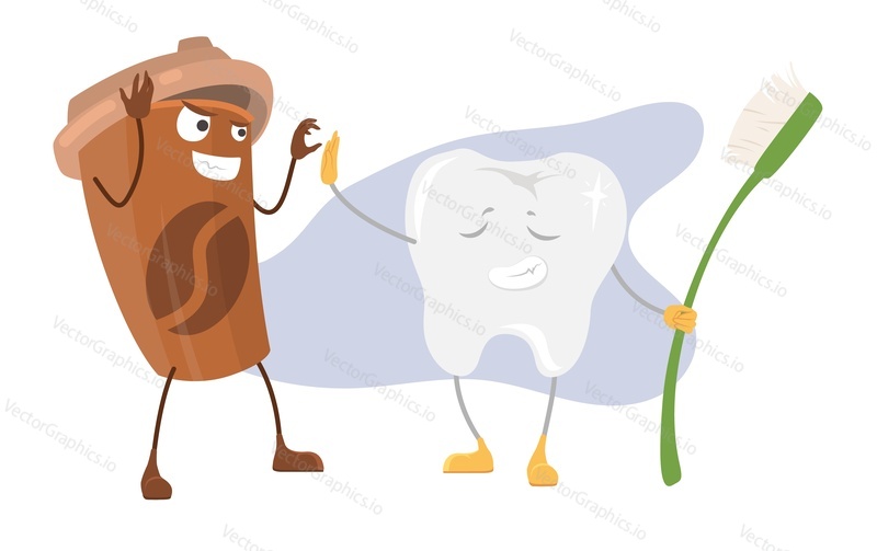Špatný zvyk vektor. Bílý zub a kávový nápoj ilustrace izolovaných na bílém pozadí. Hygienický problém, onemocnění zubního lékařství, ztmavnutí skloviny kofeinem. Škodlivý aromatický nápoj