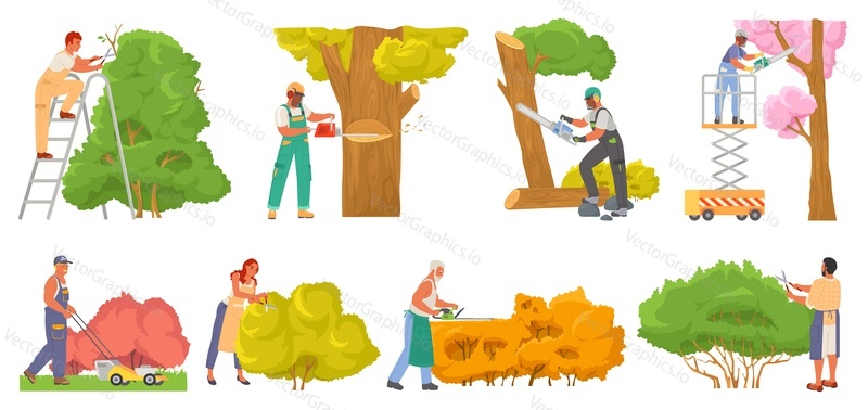 Professional gardener pruning tree vector. Garden worker cares of plant cutting bush, sawing trunk, mowing grass isolated set on white background. Gardening and landscaping work
