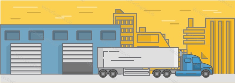 Warehouse industry cargo truck service logistics and distribution flat vector illustration. Továrna na skladování balíků, zboží a vývozní dovozní nákladní krabice