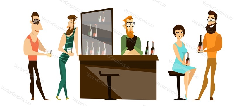 Bar návštěvníci na pult desk vektorové ilustrace. Muž a žena pár, mužští přátelé pijí alkohol, zatímco Barman servíruje klientům třesoucí se koktejly. Lidé odpočívají po práci, mají rande a zábavu