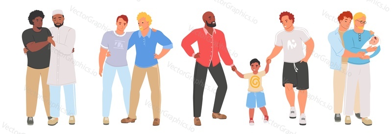 Gay Pár vektorové sady. LGBT láska charakter ilustrace. Byt muž Rodina s dětmi, romantický homosexuální manžel izolovaných na bílém pozadí. Interracial milovaný přítel pár