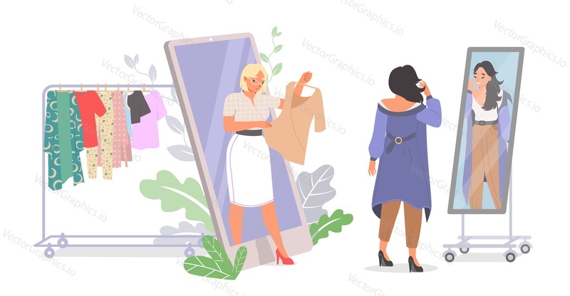 Персональный модный онлайн-стилист консультирует клиента с помощью векторной иллюстрации смартфона. Профессиональный покупатель, дающий рекомендации по покупкам и советы по выбору новой одежды